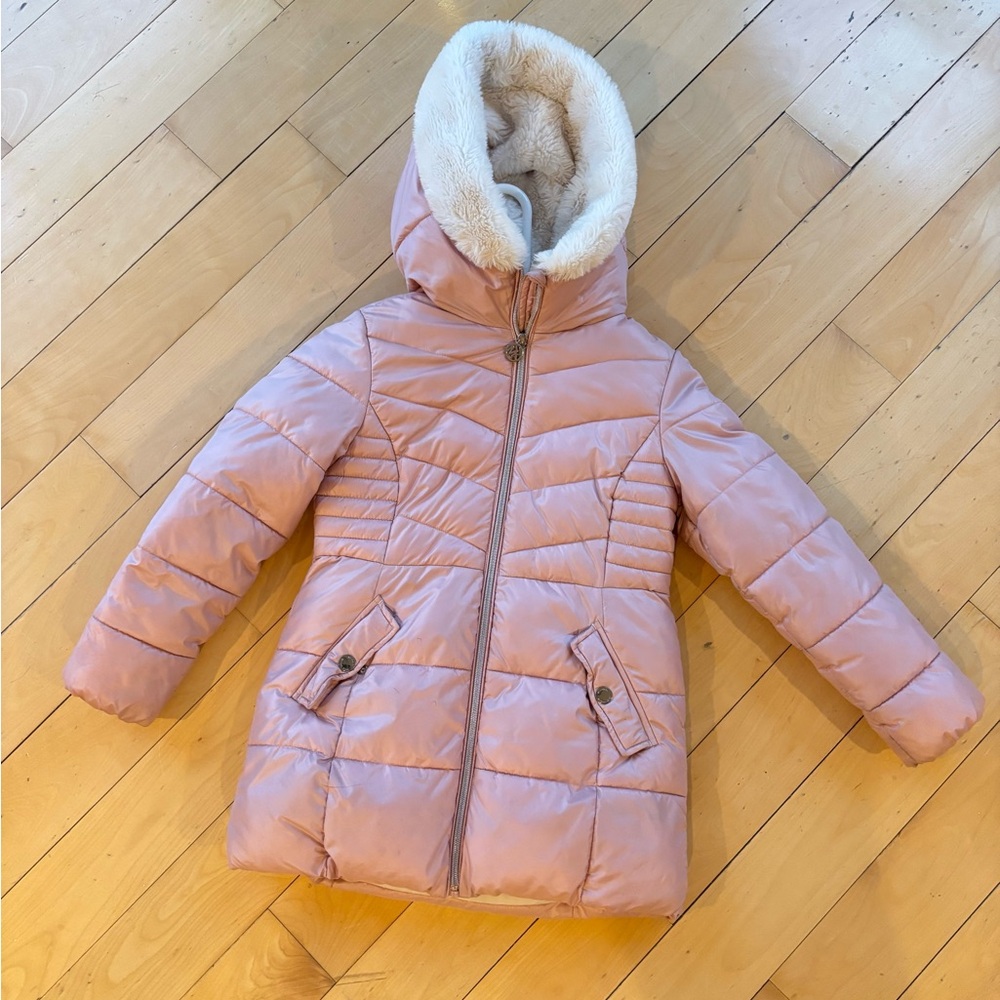 Girls Michael Kors Pink Hooded Puffer Jacket with Faux Fur Lining
